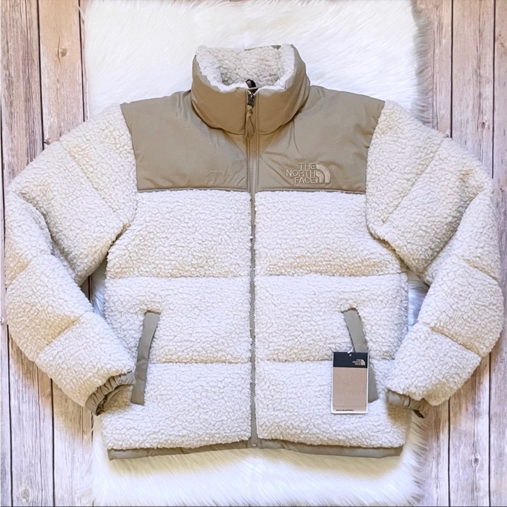 The North Face Women's Cream Sherpa Puffer Jacket with Tan Yoke - Picture 3 of 12